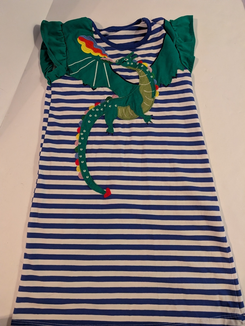 Dragon Applique Blue And White Striped Girls Size 7 Dress